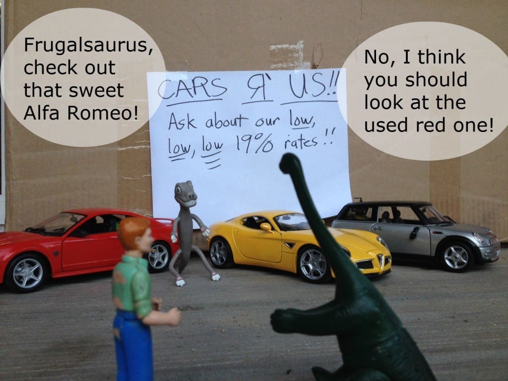 Sac (stupid American consumer) and Frugalsaurus go car shopping. Just from the look of that sleazy Carsalesosaurus, I can tell this isn't going to end well.